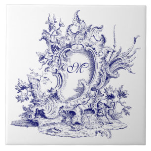 Carreau Rococo Cartouche Monogramme Baroque Bleu Et Blanc