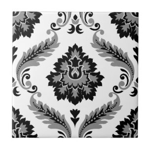 Carreau Rococo Damassé Grand Motif Gris Noir Blanc