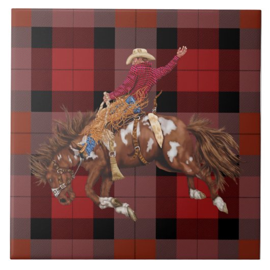 Carreau Rodeo Cowboy Bronco Busch Sur Plaid (Devant)