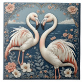 Carreau Romantic Flamingo Couple Art Deco Blue Pond Floral (Devant)