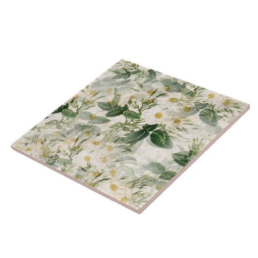 Carreau Romantique Fleurs blanches douces et Feuilles vert (Côté)