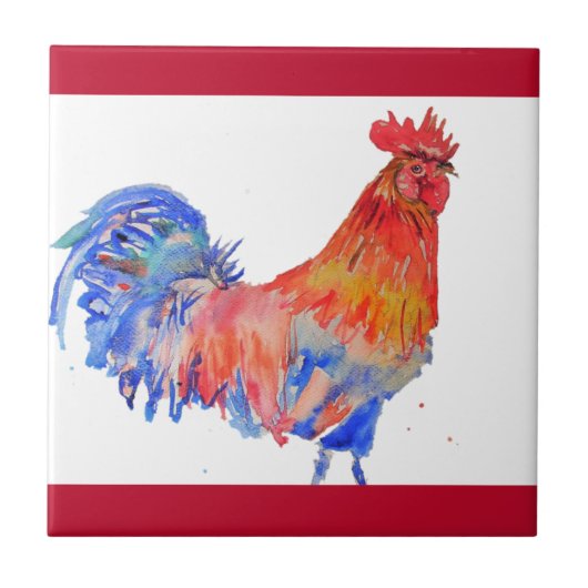 Carreau Rooster Aquarelle Rouge Jaune Bleu Poulet (Devant)