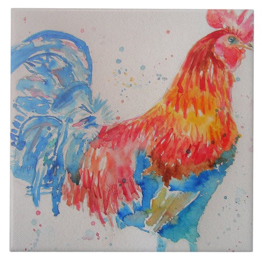Carreau Rooster rouge aquarelle peinture art poulet (Devant)