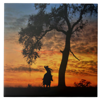 Carreau Roping Cowboy avec cheval Pays Ouest