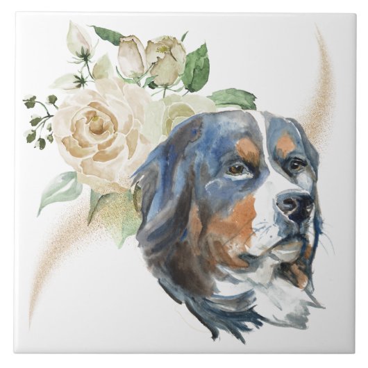 Carreau Rose blanche Bouquet Bernese Mountain Dog (Devant)