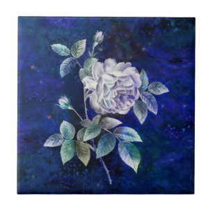 Carreau Rose blanche sur fond bleu marine texturé