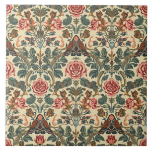 Carreau Rose botanique vintage Élégant Art nouveau oiseau