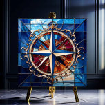 Carreau Rose de boussole avec bordure de défilement<br><div class="desc">Le Rose Compass avec Scroll Bordure en verre teint Look Tile présente le design Rose Compass en blues et argent sur un arrière - plan de blues, ambre et rouge avec une élégante bordure de défilement en argent antique. Ce carrelage a un style de vitrail. Il y a beaucoup d'applications...</div>