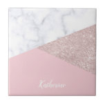 Carreau Rose de marbre blanc de parties scintillantes<br><div class="desc">Parties scintillantes roses d'or de faux géométrique élégant et élégant,  marbre blanc et bloc rose de couleur.</div>