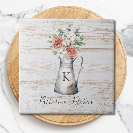 Carreau Rose de monogramme rustique en coton d'eucalyptus