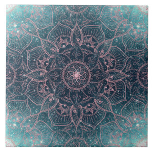 Carreau Rose élégant Gold Mandala Blue Nebula Stars
