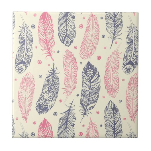 Carreau Rose et motif ethnique pourpre de plume (Devant)