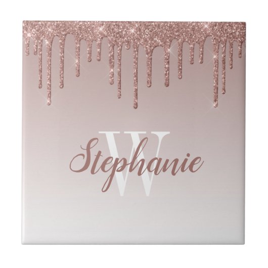 Carreau Rose Gold Pailleté Chic Monogramme à Goutte (Devant)