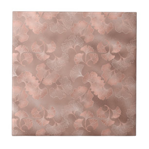 Carreau Rose Pâle Or Feuilles de Ginkgo Élégant Botanique