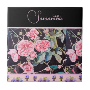 Carreau Rose rose pink aquarelle vintage personnalisable