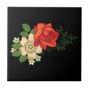 Carreau Rose rouge et pâquerettes Fond noir