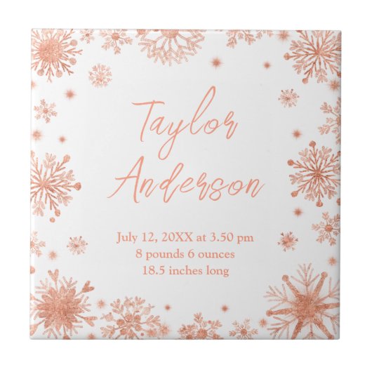 Carreau Rose Snowflakes Gold sur White Birth Stats (Devant)