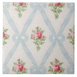 Carreau Rose Victorian Roses w/Blue Ribbon Lattice<br><div class="desc">Pretty Victorian rose bouquets with diagonal lattice of pale blue ribbons and bows on soft eggshell background with subtle gray dots. Design is seamless and scalable.</div>