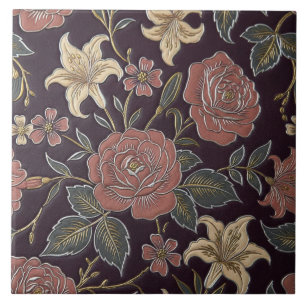 Carreau Rose Vintage et Fleur de Lys sur Élégance de Prune