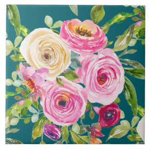 Carreau Roses aquarelle en rose et rouge sur Turquoise