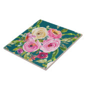 Carreau Roses aquarelle en rose et rouge sur Turquoise (Côté)