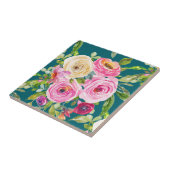 Carreau Roses aquarelle en rose et rouge sur Turquoise (Côté)