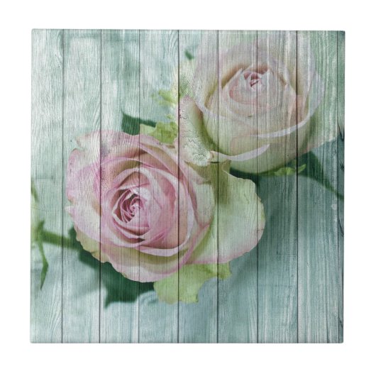 Carreau Roses Chic Rose Shabby Sur Bois Bleu (Devant)