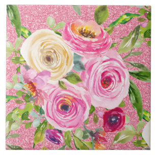 Carreau Roses d'aquarelle en rose et crème sur Parties sc