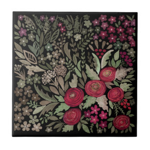 Carreau Roses d'aquarelle sur un arrière - plan noir, aqua