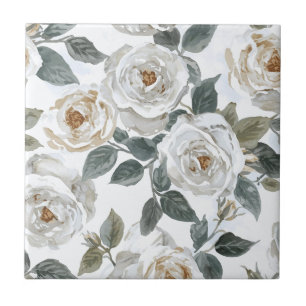 Carreau Roses de jardin Floral vintage aquarelle blanche