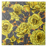 Carreau Roses jaunes avec feuilles gris sur orange<br><div class="desc">Motif vectoriel sans couture dessiné à la main avec roses.</div>