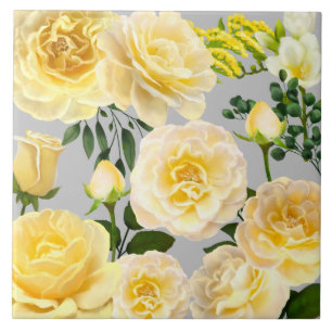 Carreau Roses jaunes crémeuses Floral Vintage sur gris