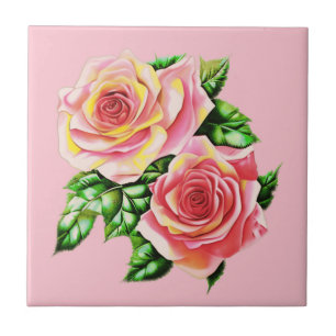 Carreau Roses roses corail rose avec Feuilles verts Jade