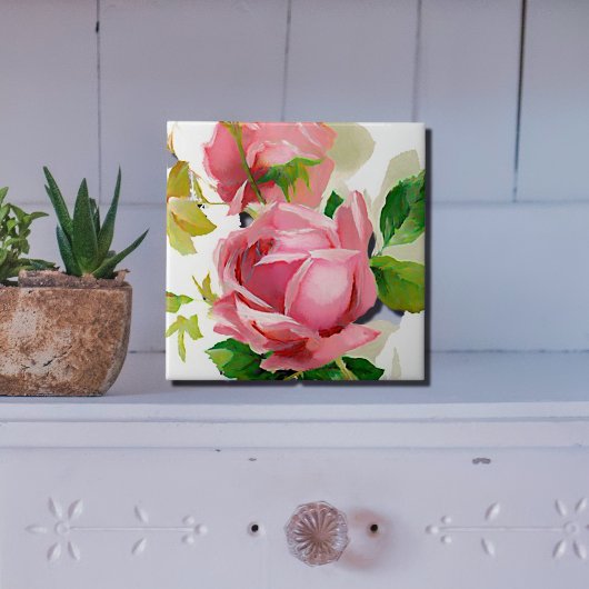 Carreau Roses roses peintes en style Vintage