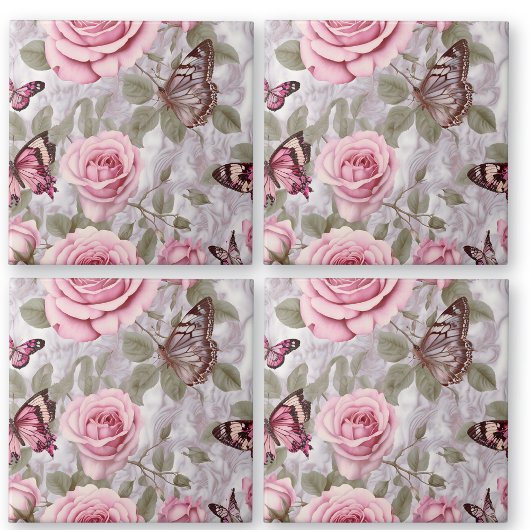 Carreau Roses roses roses et papillons Aquarelle Florale