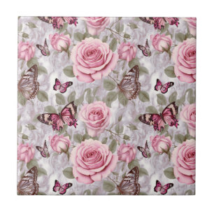Carreau Roses roses roses et papillons Aquarelle Florale