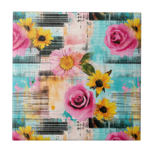 Carreau Roses roses roses et tournesols sur fond abstrait