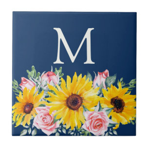 Carreau Roses roses Tournesols bleu marine Monogramme
