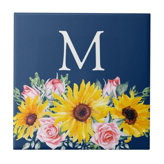 Carreau Roses roses Tournesols bleu marine Monogramme (Devant)