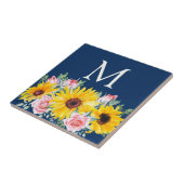 Carreau Roses roses Tournesols bleu marine Monogramme (Côté)