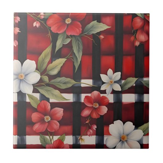 Carreau Rouge blanc et noir Farmhouse Floral Check (Devant)