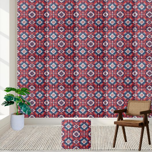 Carreau Rouge Bleu Blanc Scandinave Carrelage Floral Motif