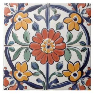 Carreau Rouge méditerranéen Jaune et bleu marine Fleur Flo