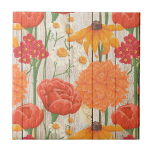 Carreau Rouge Orange Jaune Floral Blanc Faisceaux Bois rus
