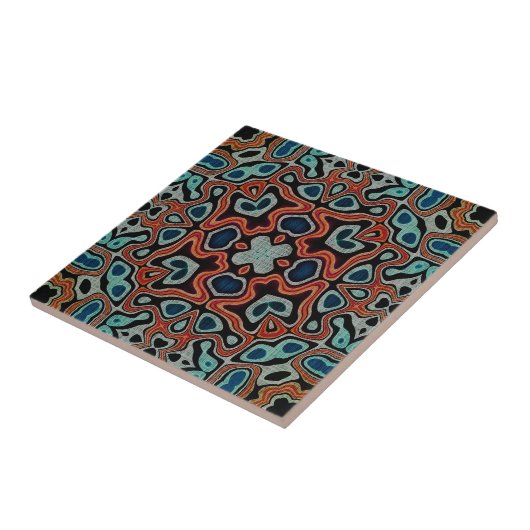 Carreau Rouge Orange noir Turquoise Bleu Ethnic Tribe Art (Côté)