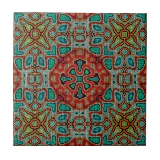 Carreau Rouge Orange Turquoise Bleu Vert Ethnic Tribe Art (Devant)