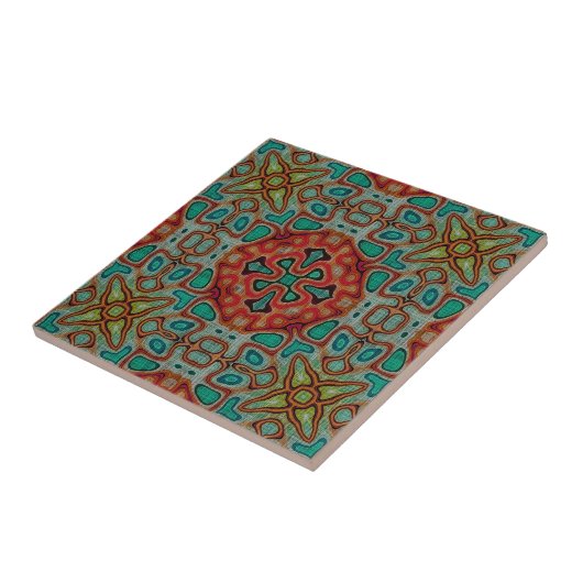 Carreau Rouge Orange Turquoise Bleu Vert Ethnic Tribe Art (Côté)