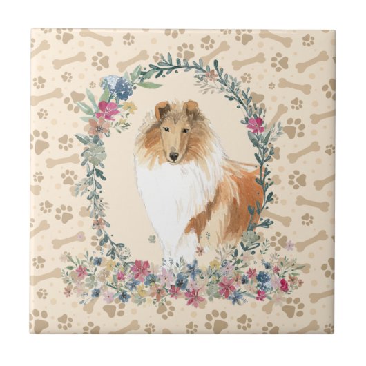 Carreau Rough Collie Chien Empreinte de patte Floral Cute (Devant)