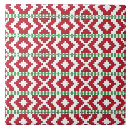 Carreau Rucava Rouge et vert art folklorique motif géométr (Devant)