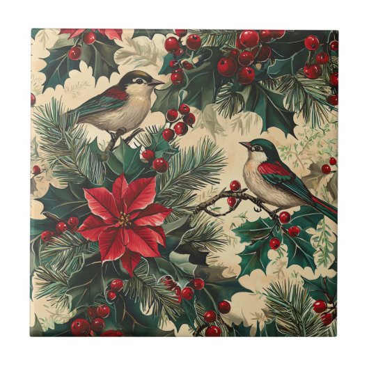Carreau Rustic Bird et Poinsettia Motif de Noël (13) (Devant)